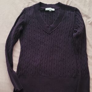 LOFT Cable-Knit V-Neck Sweater in Plum